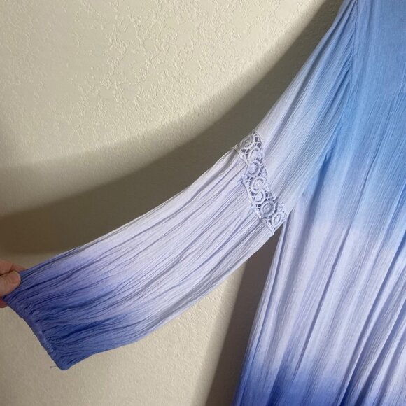 Ombre Blue Long-Sleeve Boho Tunic Dress With Crochet Details By Cute Options - Picture 4 of 8